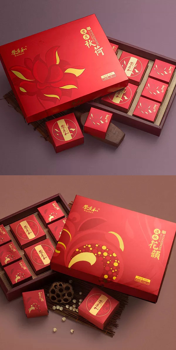红色花开富贵系列月饼盒设计制作